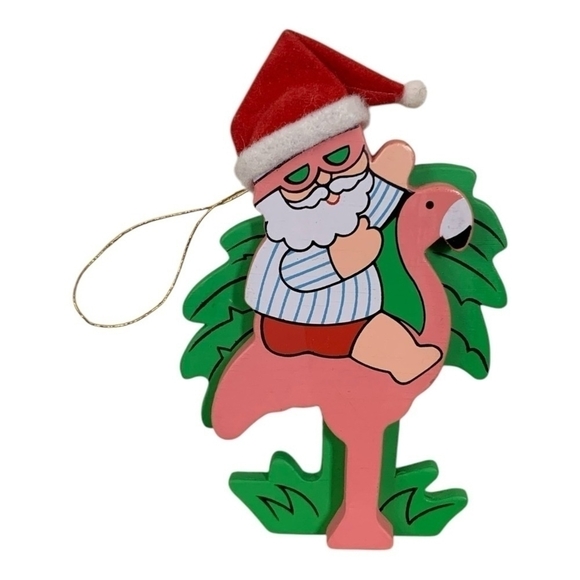 Rare Ornament Santa Claus Riding Pink Flamingo Green Palm Wooden Xmas Ornament - Picture 2 of 4